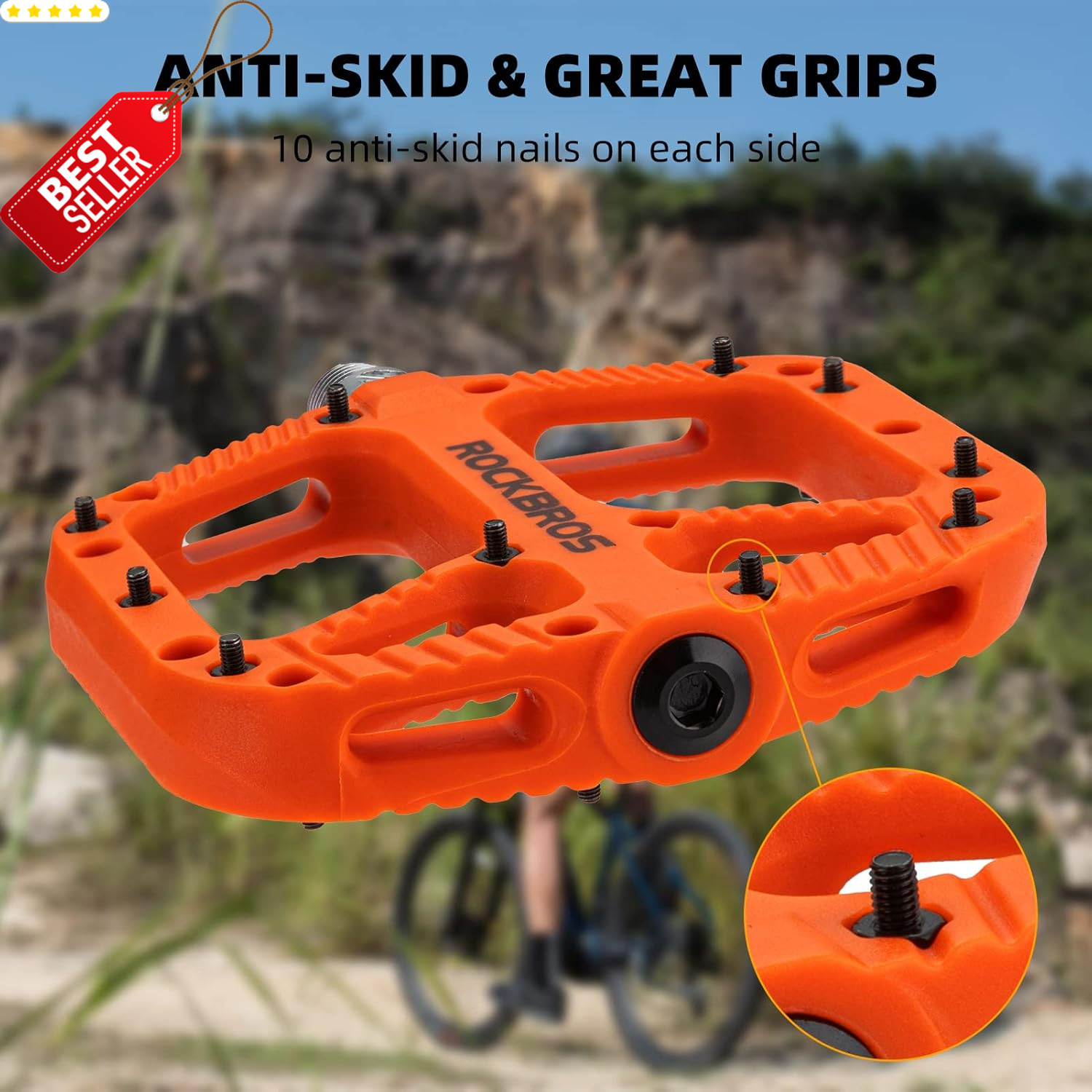 RockBros MTB Bike Pedals 9/16″ Nylon Composite Wide Flat Platform – US
