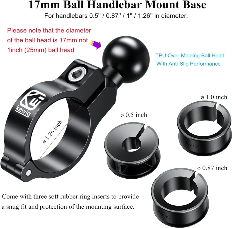 Aluminum Alloy Handlebar Clamp Mount Base with 17Mm TPU Ball for round Rails Dia