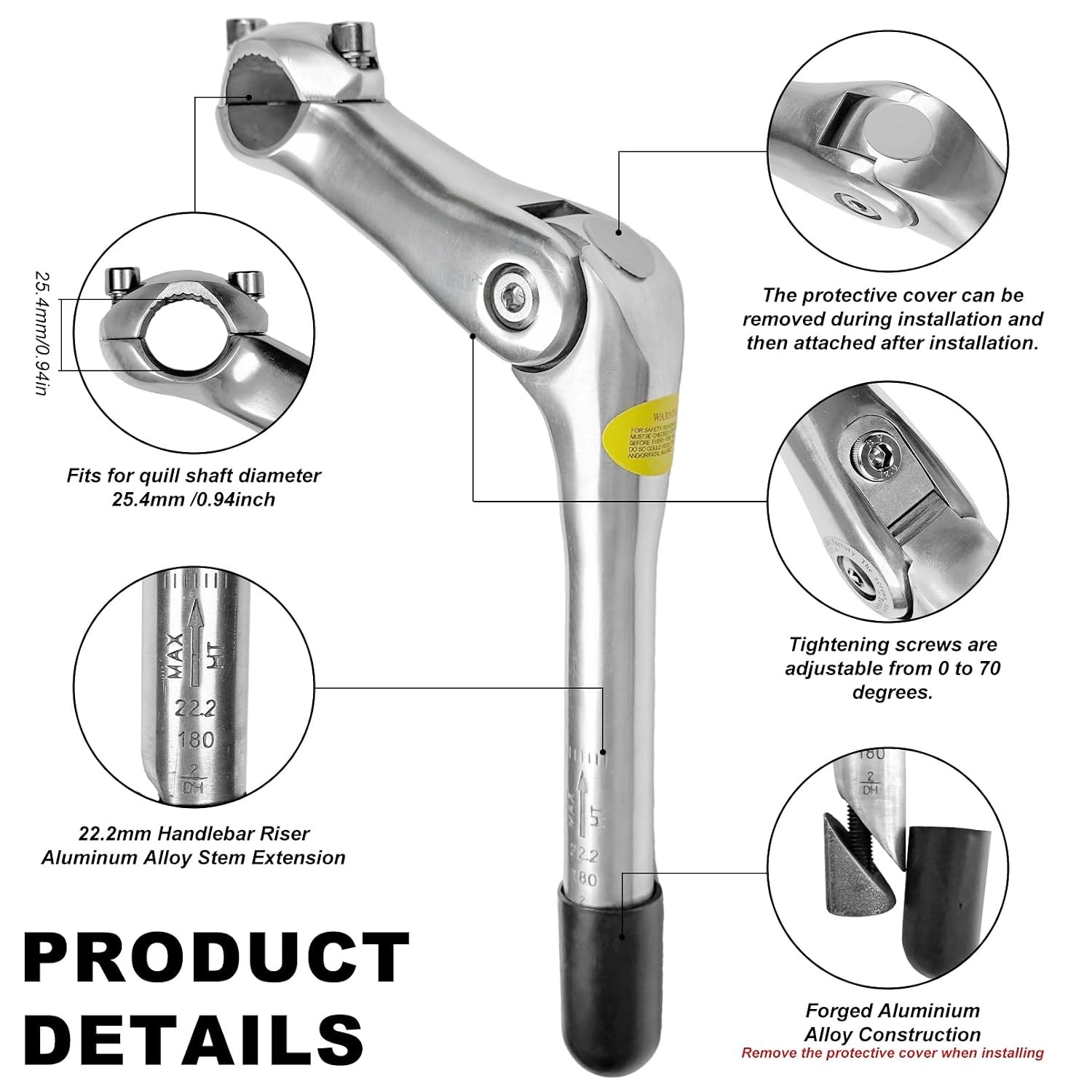 Silver Adjustable Bicycle Quill Stem 22.2/25.4mm 180mm 110mm Reach Silver