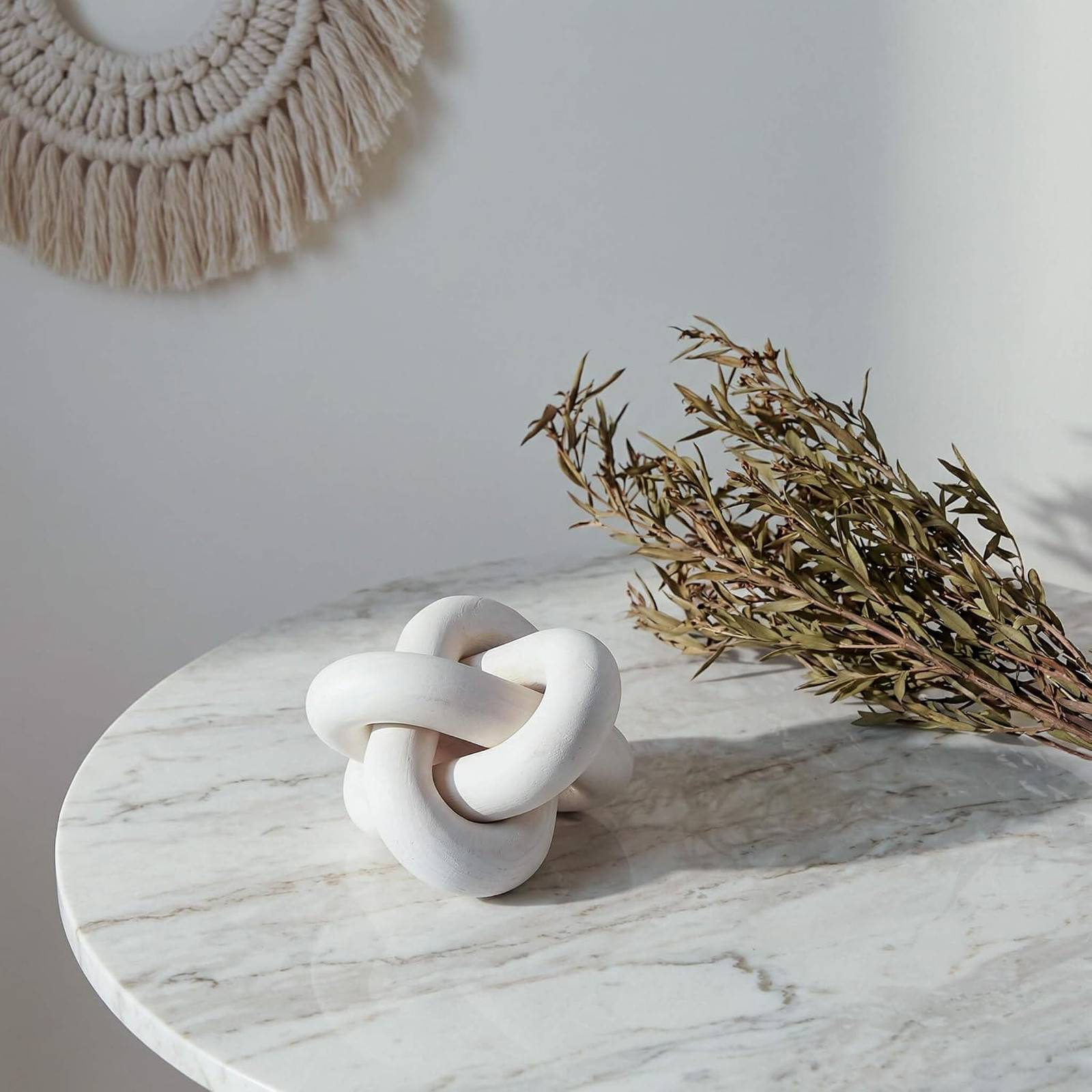 Wooden Chain Link Decor Hand Carved Knot Sculpture Modern Boho Rustic White Home