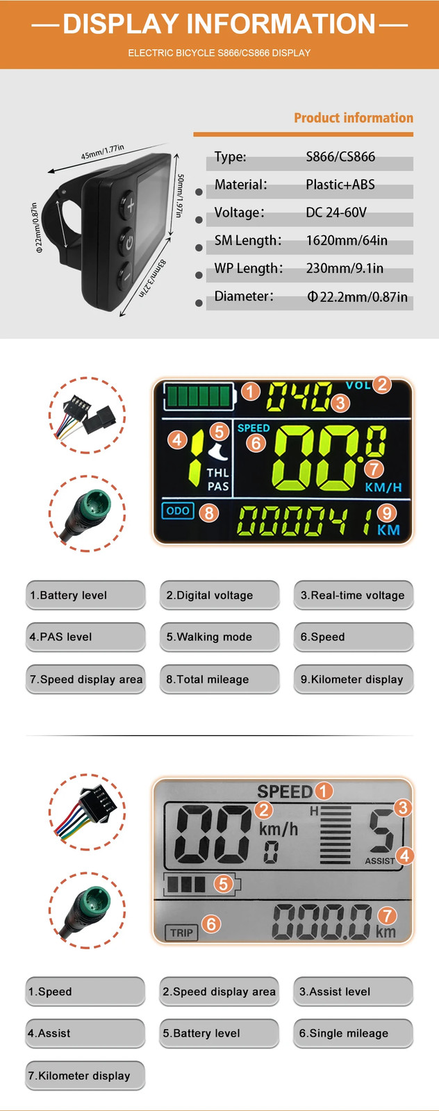 E-Bicycle 36V 48V 26A 30A Three-Mode Sine Wave Controller S866 LCD Display Motor