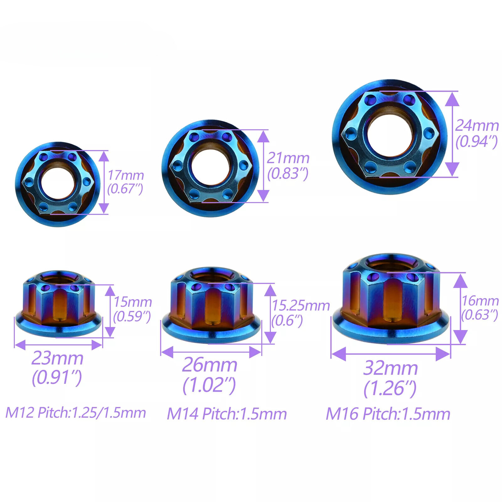 6pcs Titanium Nut M6 M8 M10 M12 M14 M16 Ti Flange Nuts for Motorcycle Rear Axle