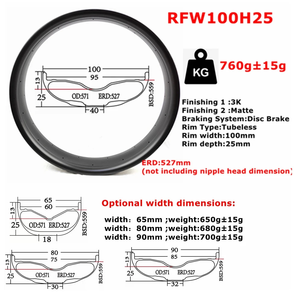 26er 100*25mm Full Carbon Snow Fat Bicycly Disc Brake Rim Matte Glossy UD/3K