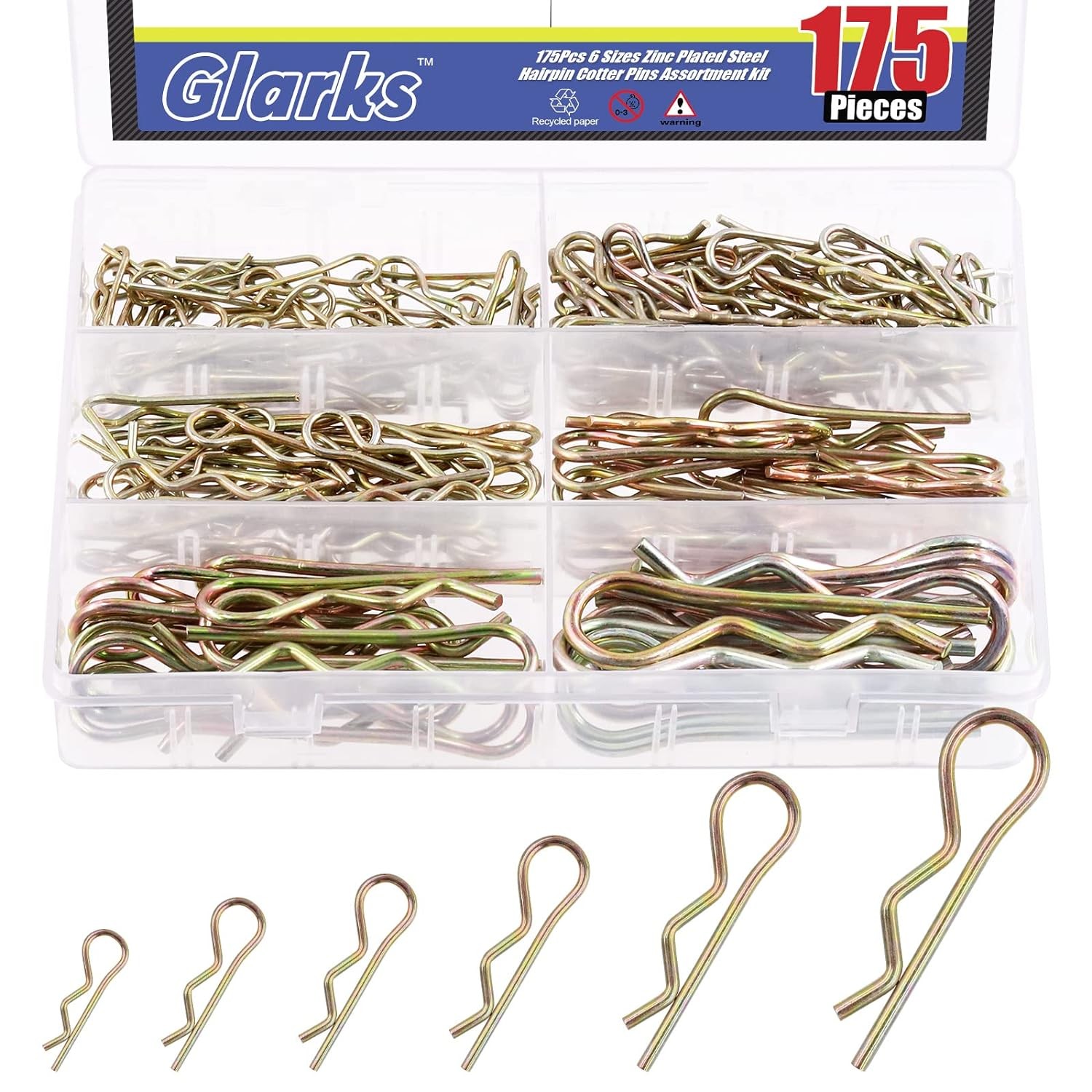 Glarks 175Pcs Hairpins R Clips Cotter Pins Assortment Kit 6 Sizes Zinc…