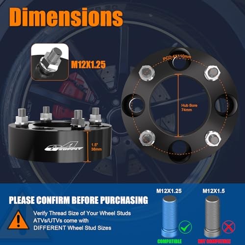 ATV Wheel Spacers 4×110, Compatible with CFMoto, 1.5″-12×1.25 -2pc black
