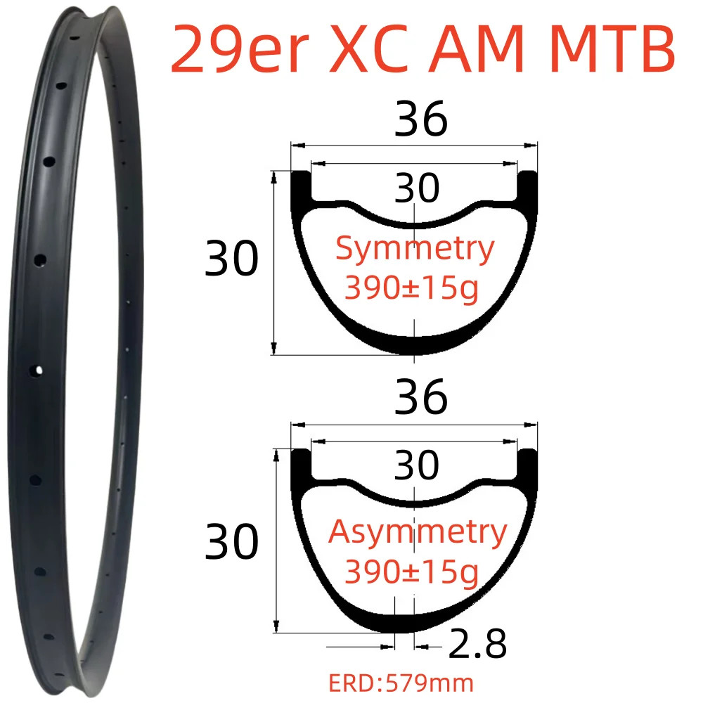 29er 30mm Depth 36mm Wide Super Light MTB Carbon Rim UD Hookless/Tubeless Wheels