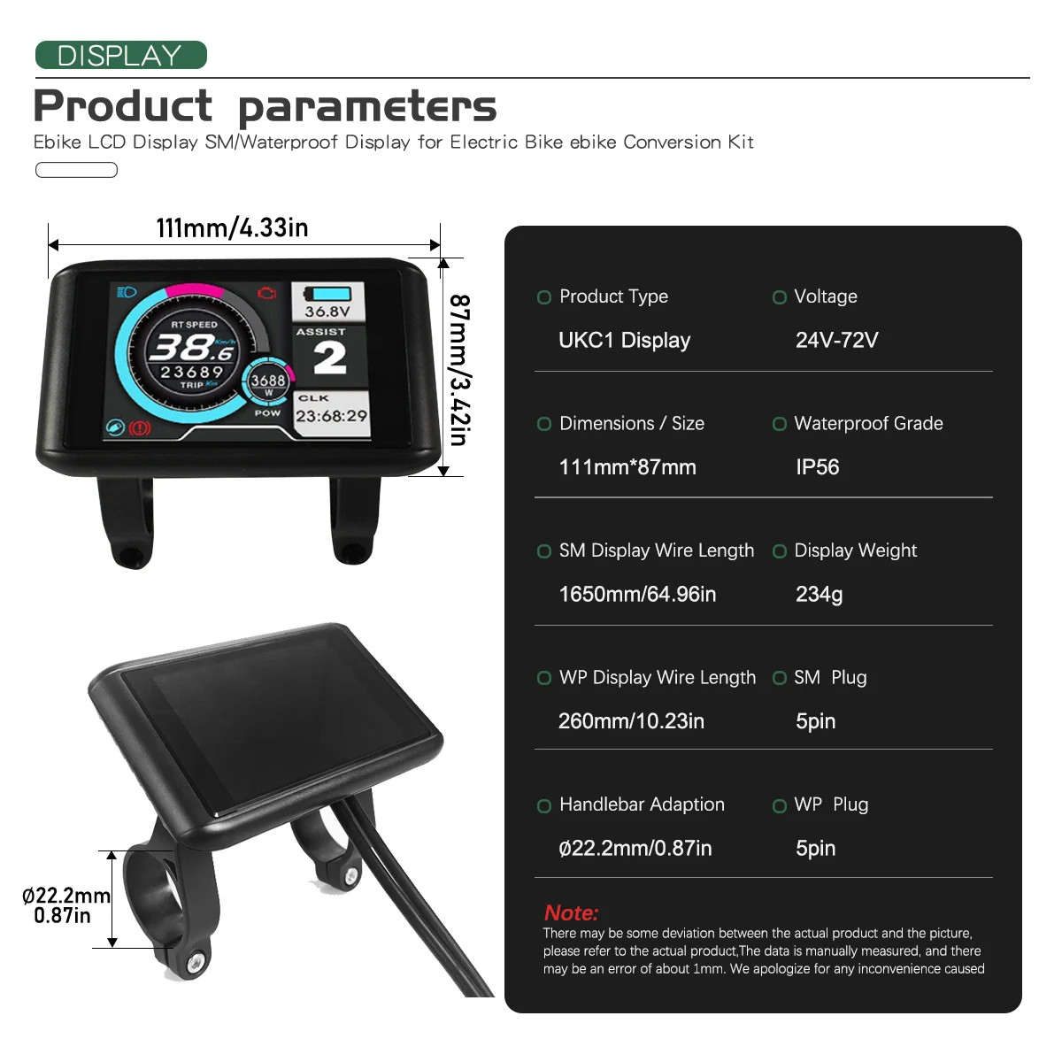 Electric Bicycle LCD Display 24V 36V 48V 52V 60V 72V SM/Waterproof Plug
