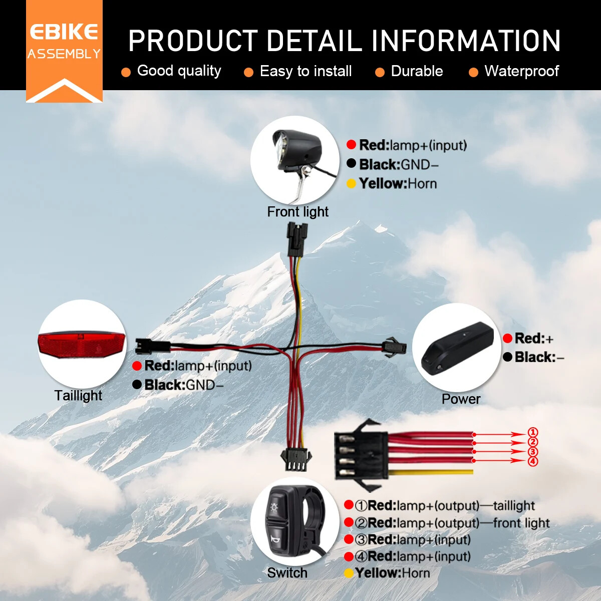 Electric Bike Front Brake Rear Light Set for 12V-72V Battery Headlight Switch