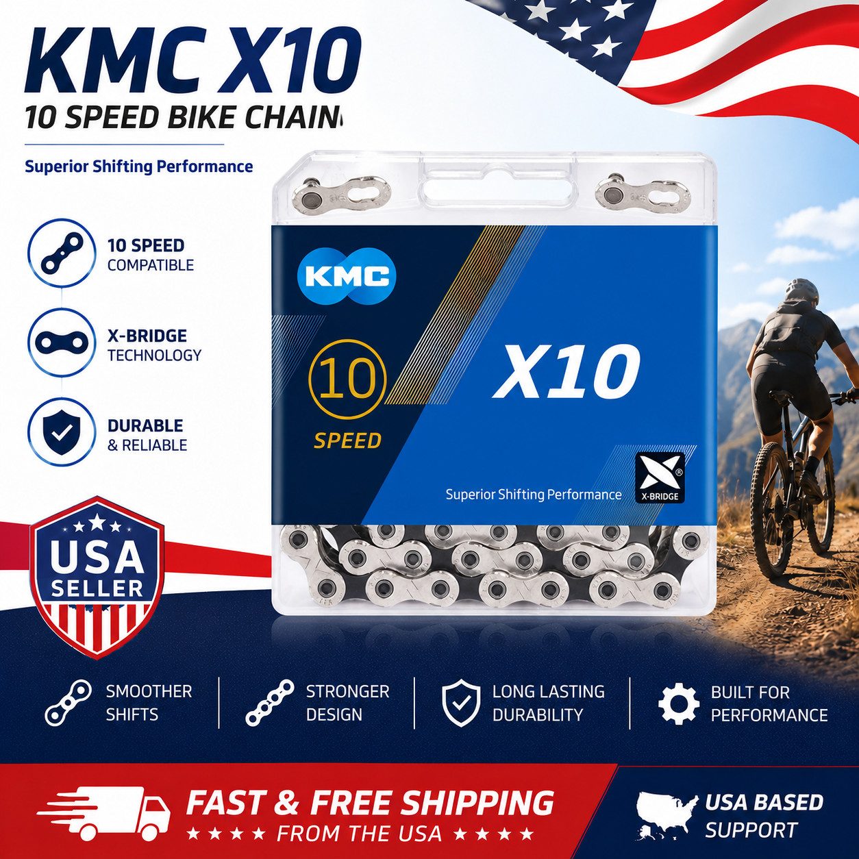10 Speed Bike Chain 116 Links 1/2» x 11/128» Bicycle Chain KMC X10 Compatible
