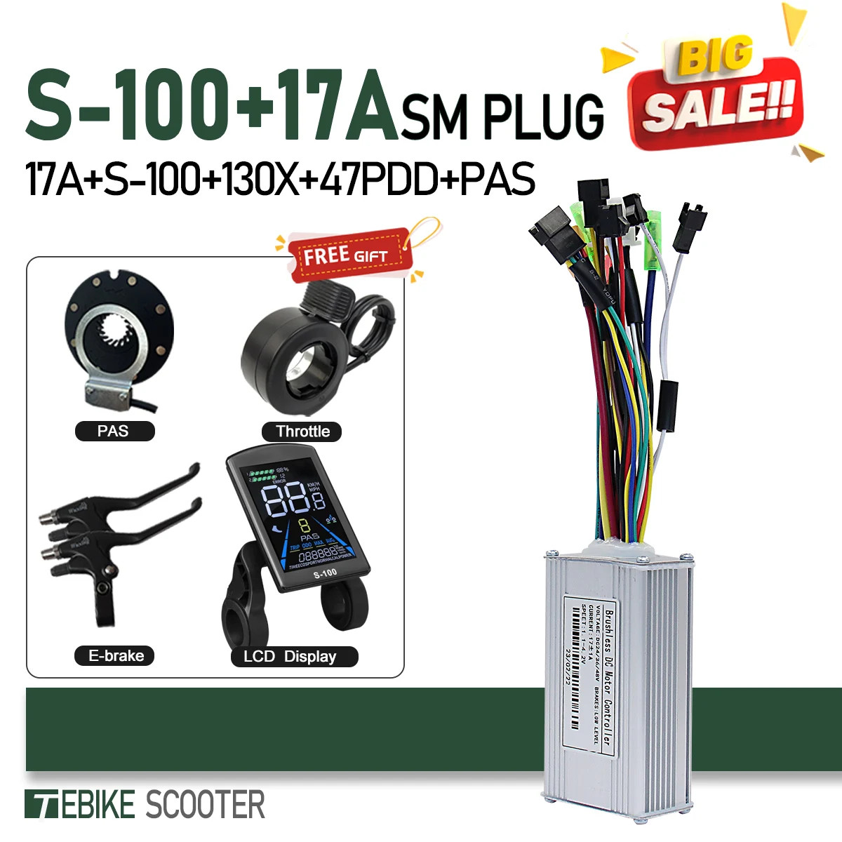 3-Mode 17-40A Sine Wave Controller LCD S866/GD02 Color Compatible Hall Free Hub