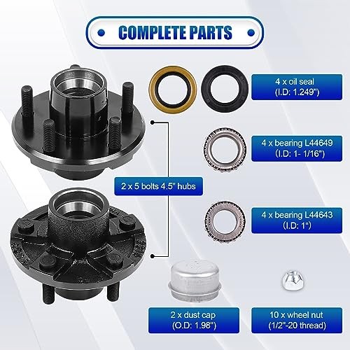 2 Sets Trailer Hub Kit, 5 on 4.5″ Bolt Pattern for 2000 lbs 5 on 4.5″ 2000 lbs