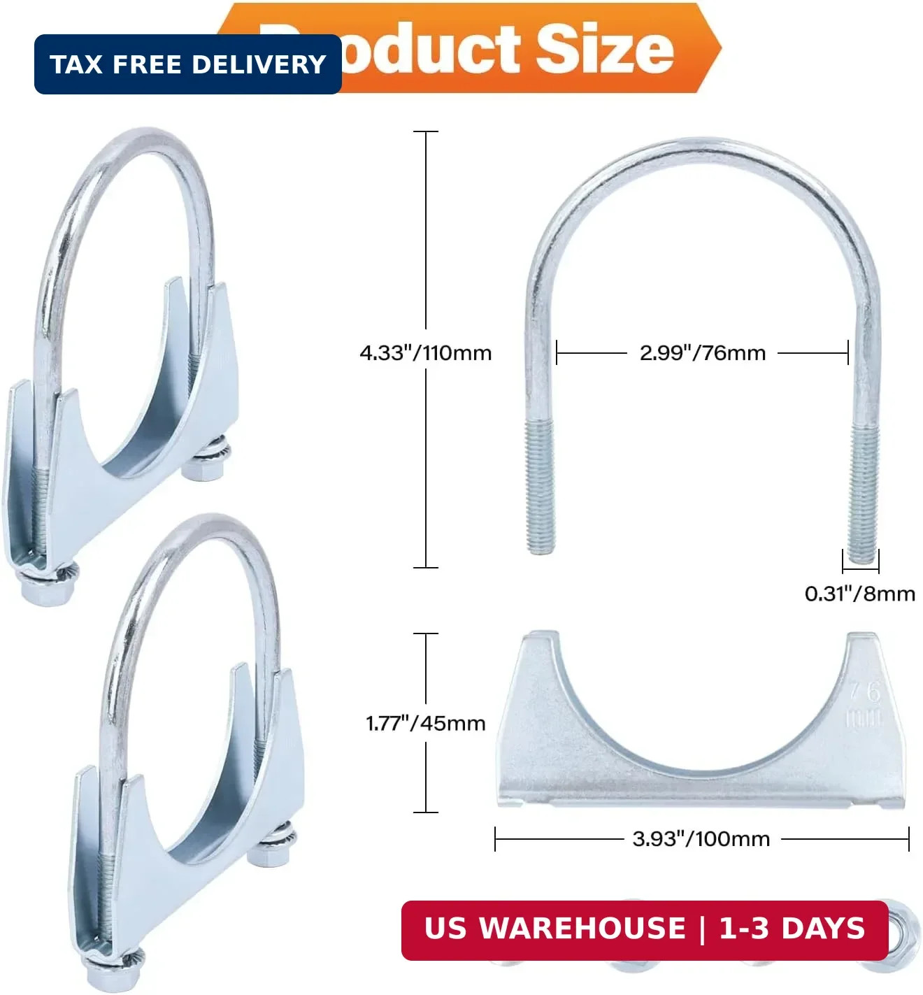 2 Pack 3″ U Bolt Clamp Saddle-Style Muffler Exhaust Clamps on Tip Pipes 76 mm St