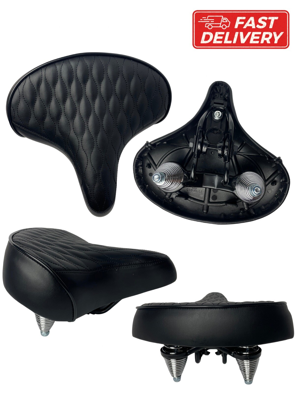 Beach Cruiser Bike Wide Saddle Seat with Springs Diamond Stitch BLACK