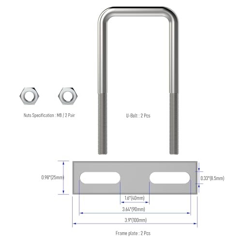 2 Sets 304 Stainless Steel Square U-Bolts 2.75″(70mm) Inner Width, 70X110（W*L）