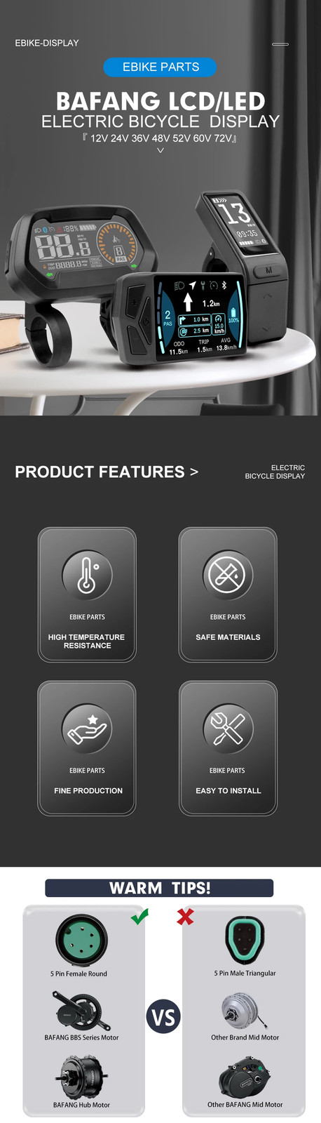 Waterproof 5 Pin Colour OLED Display for Mid Drive Motor BBSHD BBS02B BBS01B