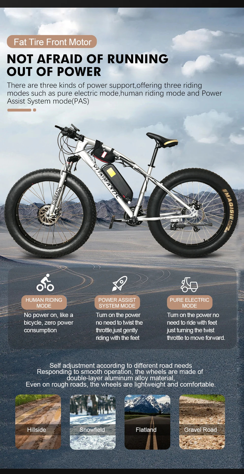 48V 1000W Snow Electric Bike Fat Brushless Front Hub Motor Wheel 20/24/26Inch