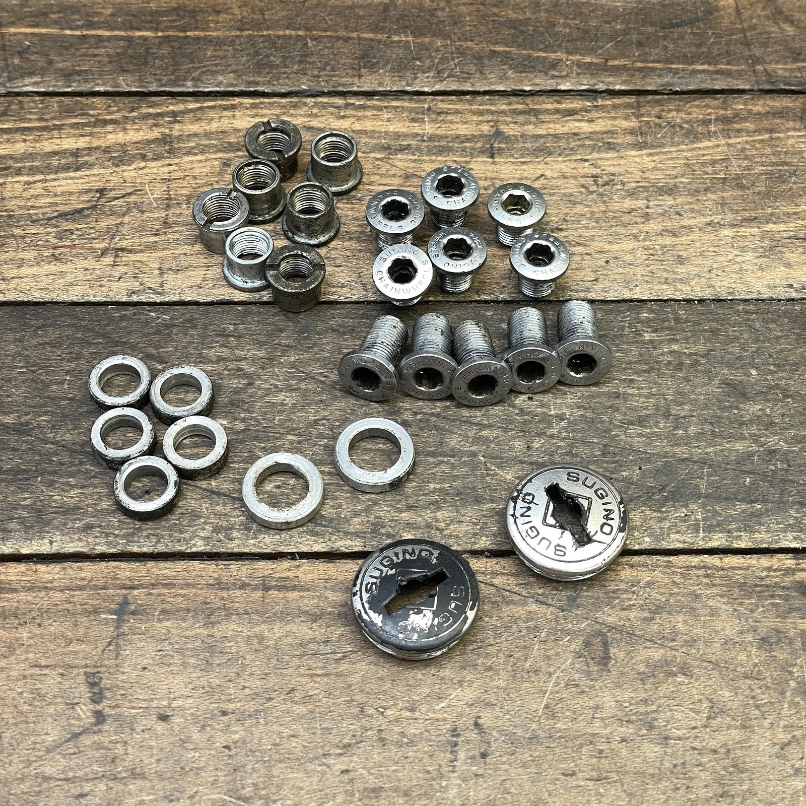 Vintage Sugino Triple Chainring Bolts Nuts Washers Dust Caps Lot Silver