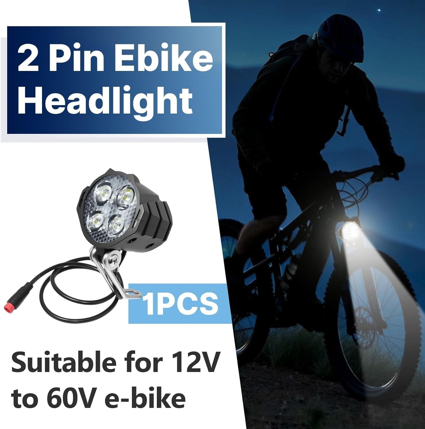 Ebike Headlight 2 Pin, Ebike Front Light for 36V 48V Battery Systems, Waterproof