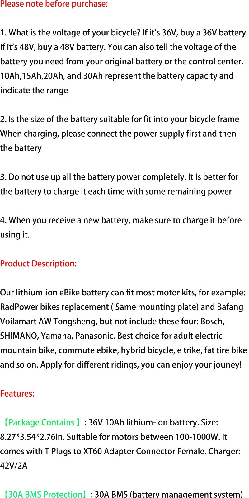 36V Ebike Lithium Battery 30A BMS For 100W-1000W Electric Bicycle Bike UL 2271