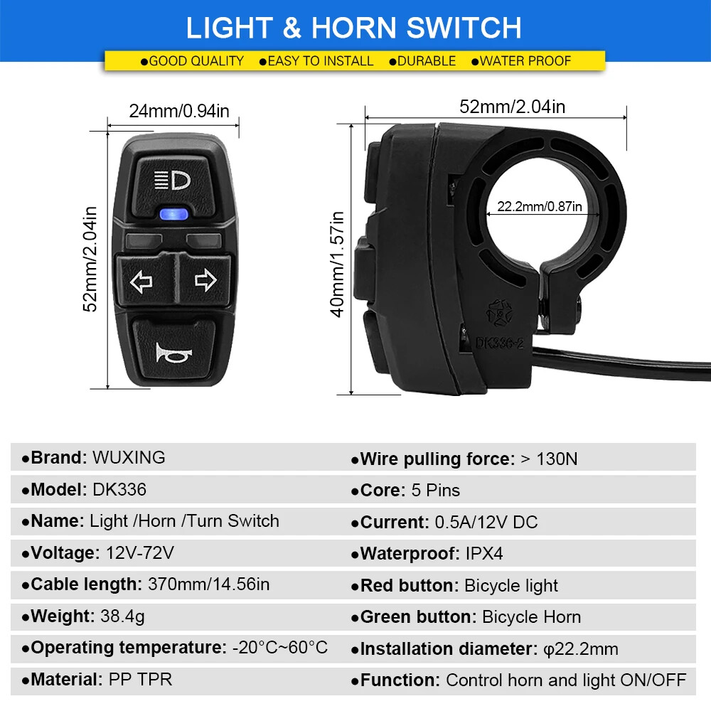 Electric Bike Waterproof Headlight and Rear Light Set 36V/48V DK336 Switch Cable