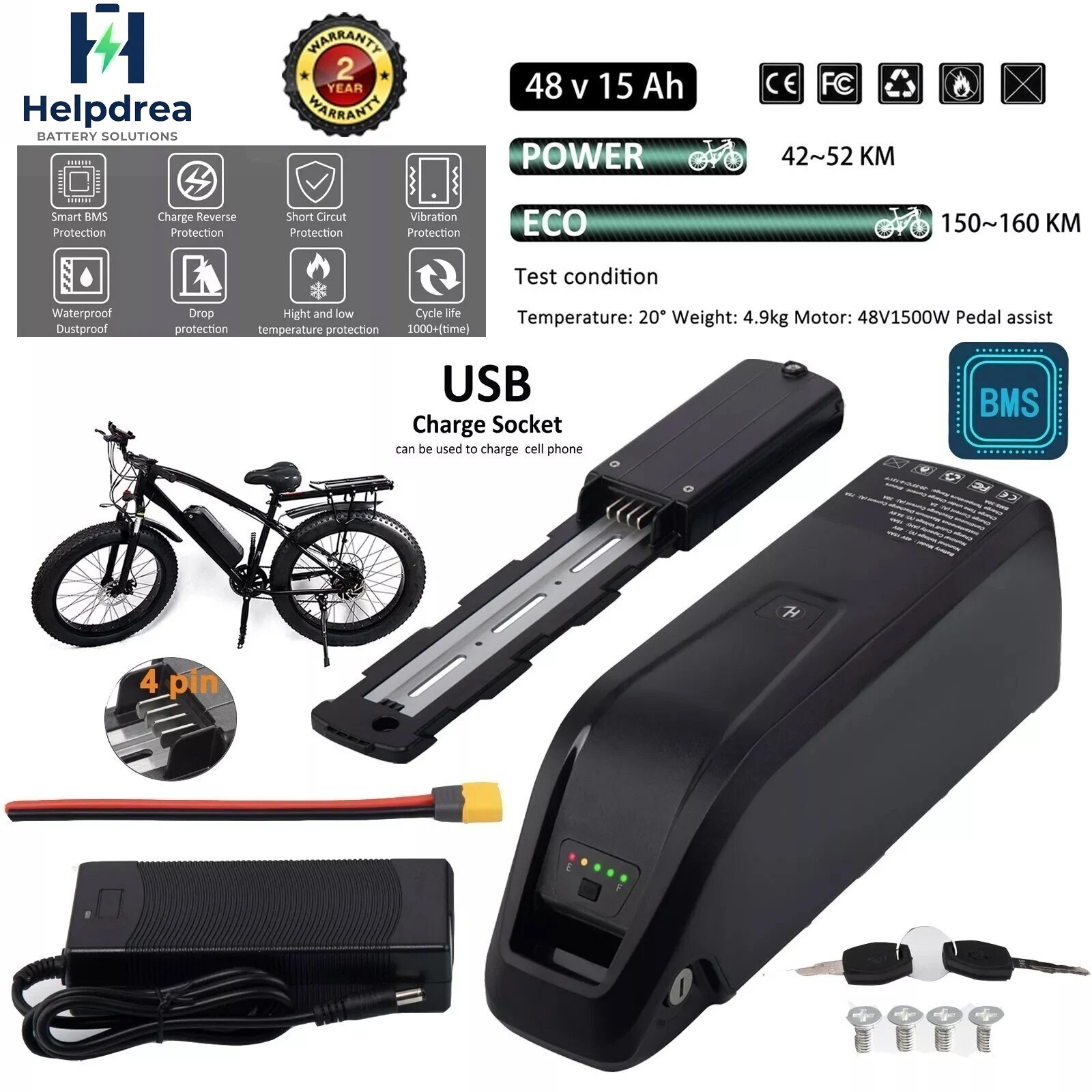 48V 15Ah Hailong Ebike Battery for 200W-1920W Electric Bike Lithium Battery BMS