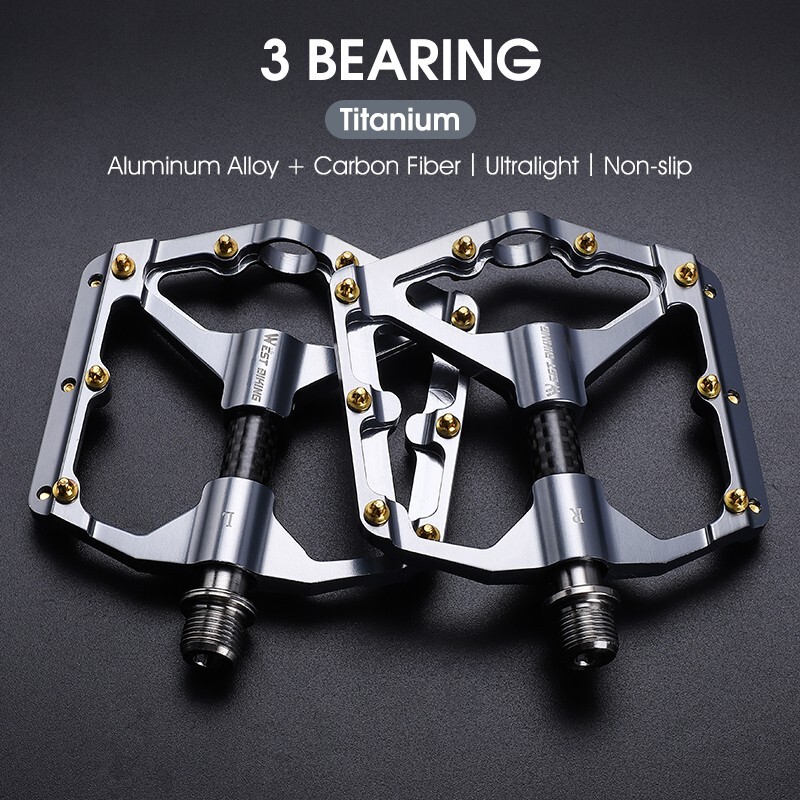 WEST BIKING Bicycle Pedals Carbon Fiber Axle 3 Bearing Bike Pedal 9/16″ Titanium