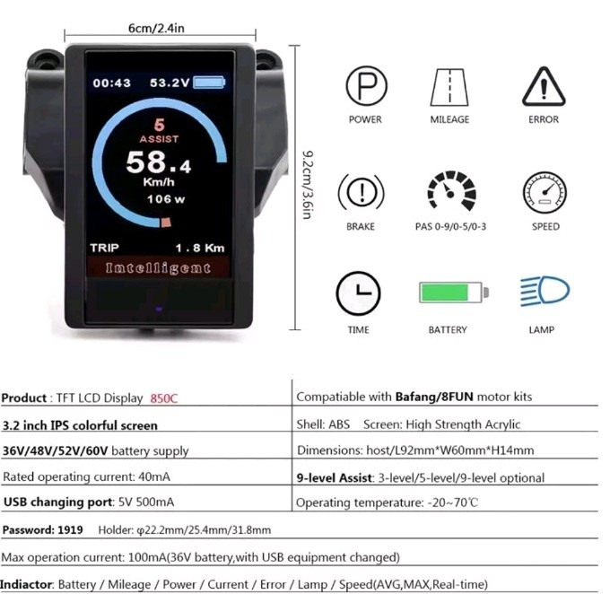Ebike 850C LCD Display for Bafang Mid Drive Motor BBS02 BBSHD UART