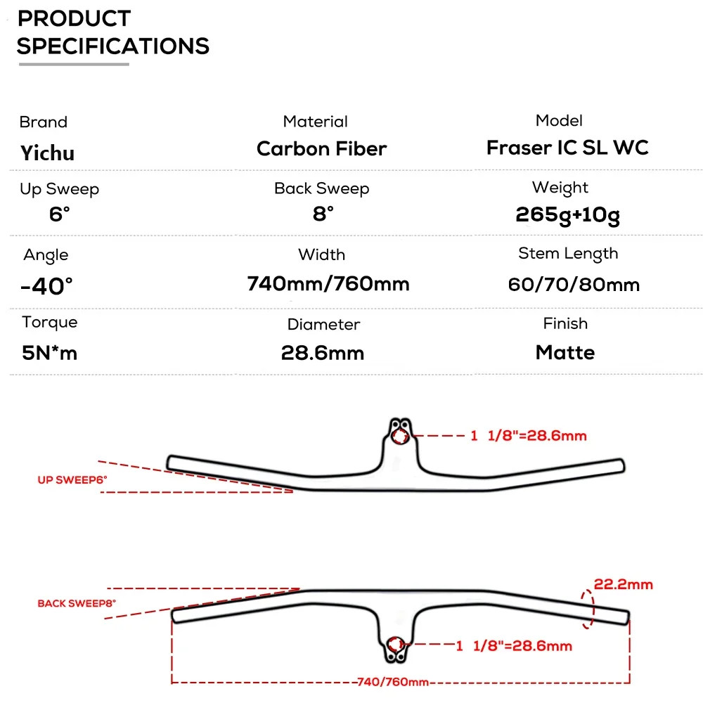 -40 Degree Full Carbon Fibre Integrated Mountain Bike Handlebar 60-100mm Stem