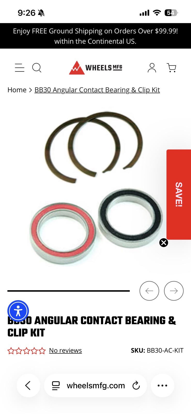 Wheels Manufacturing BB30 Angular Contact Bearing and Clip Kit