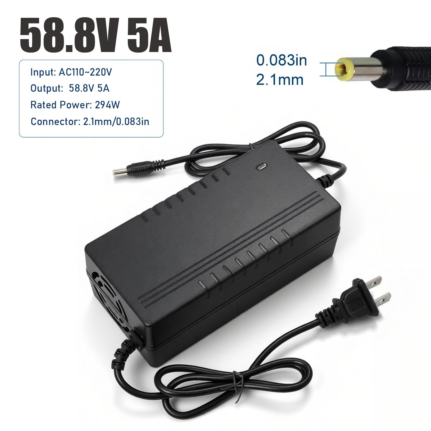 58.8V 5A Power Charger for 52V Lithium Battery DC 5.5-2.5/2.1mm Power Adapter US