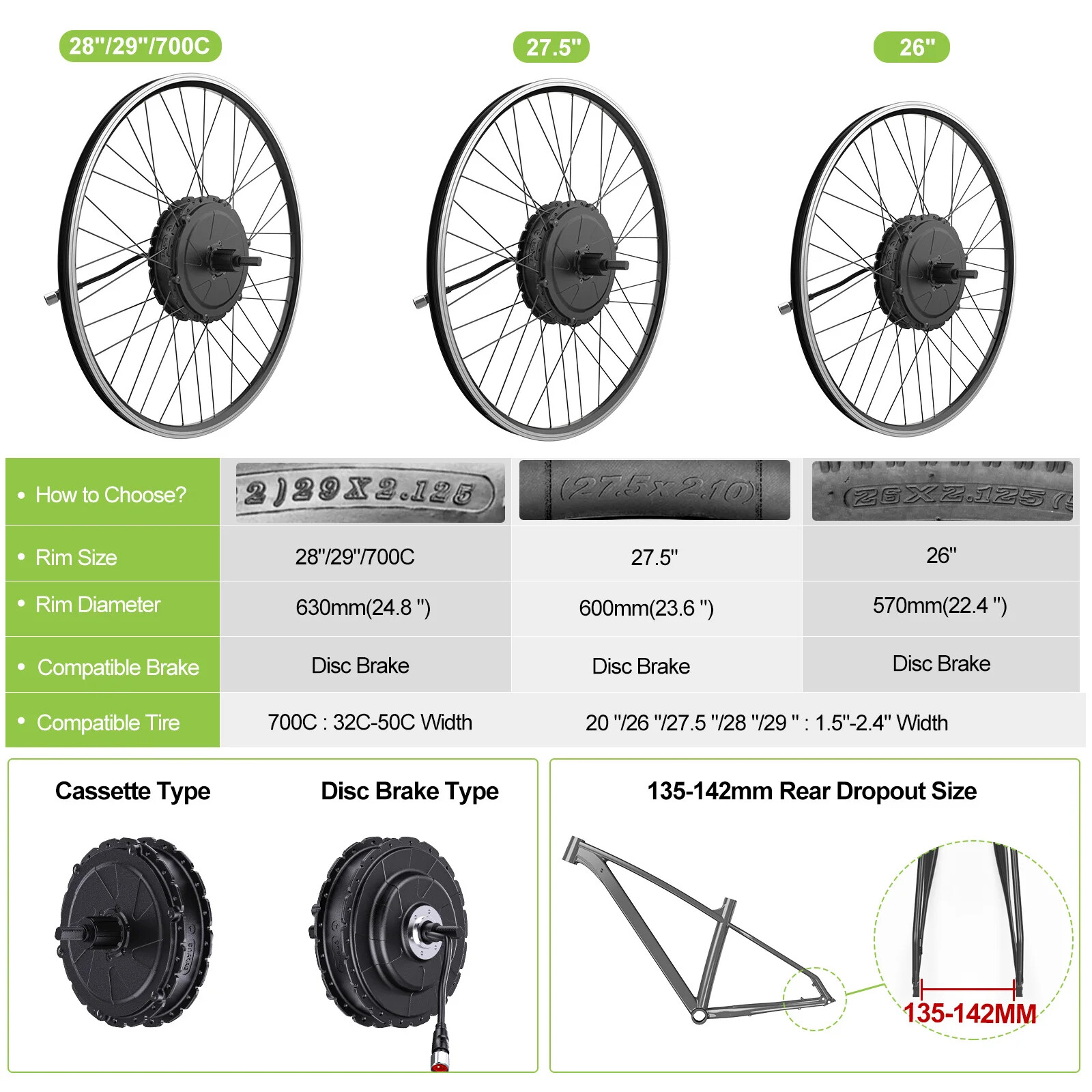 48V 750W Rear Wheel Drive Hub Motor for Electric Bike Conversion Kit 135-142mm