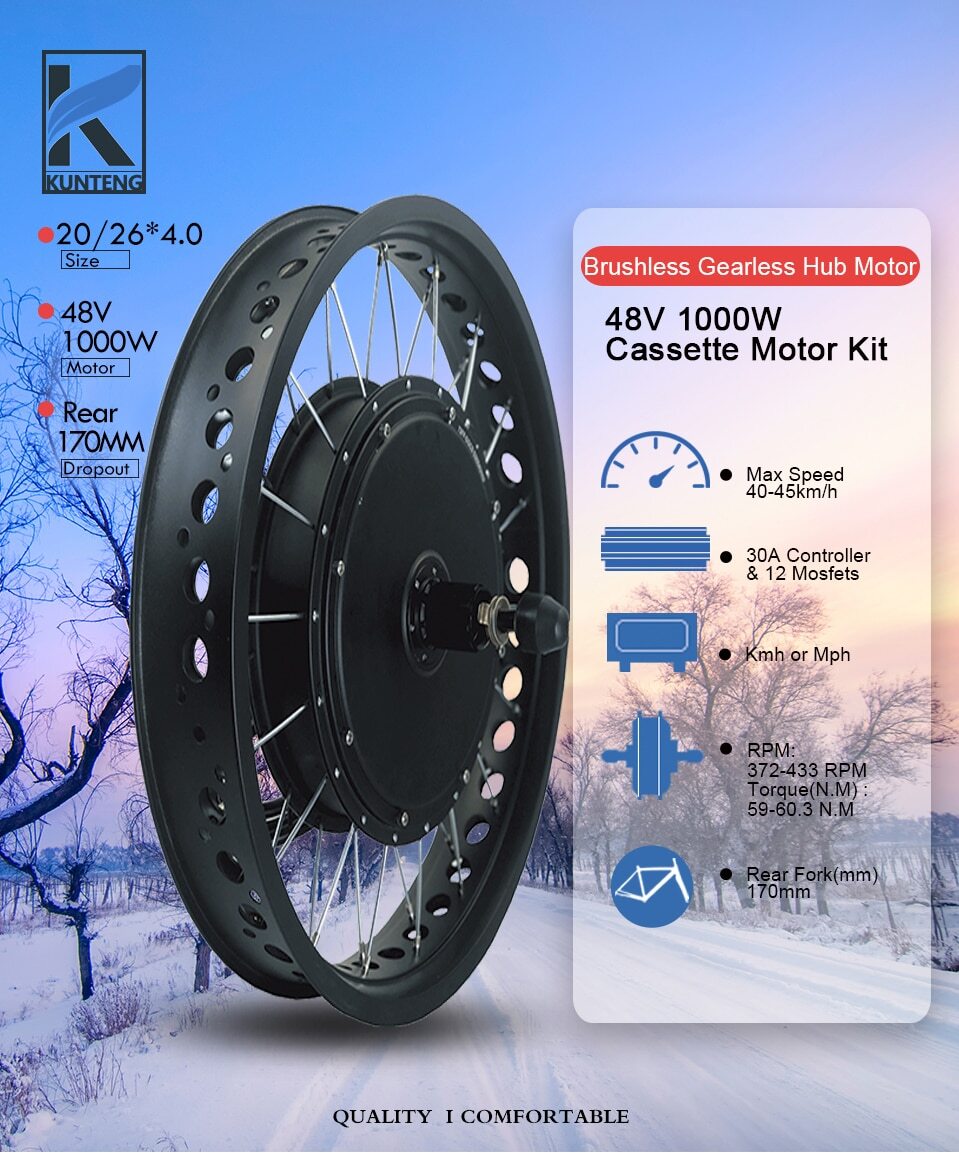 Ebike Conversion Kit Fat Tire 20 26 Inch 48V 1000W Rear Cassette Wheel Hub Motor