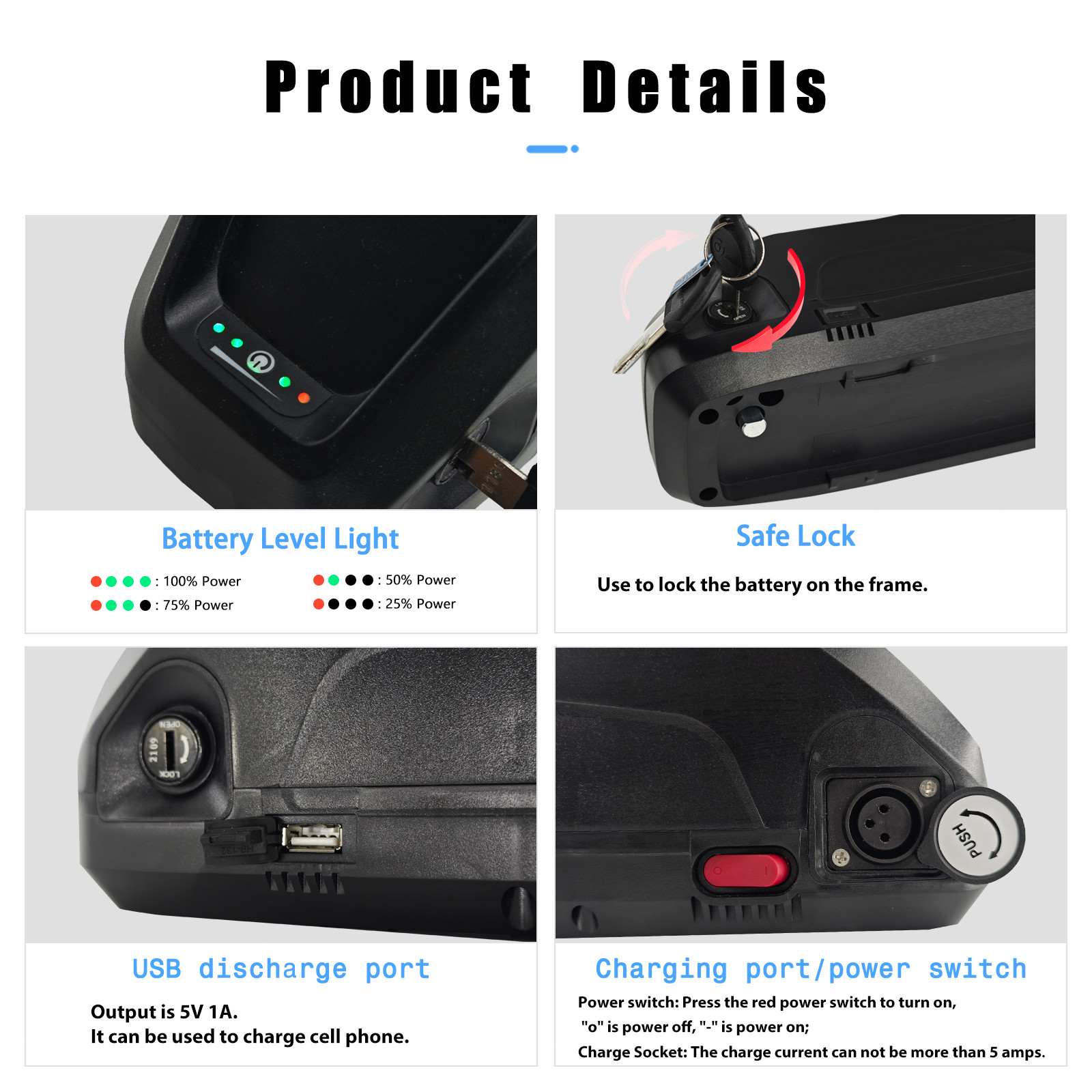 48V 20Ah Battery 10Ah 16Ah Lithium Battery, 5-Pin Battery Base Connector