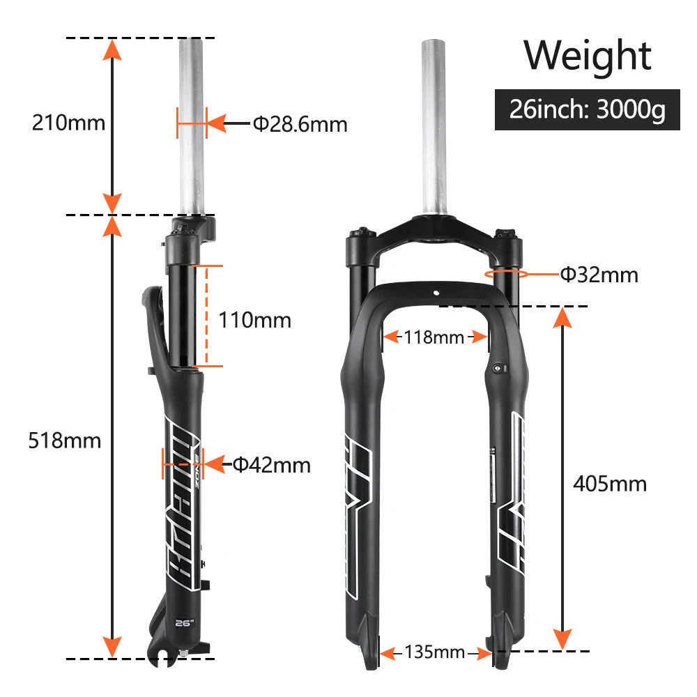 Snow Bike Fork 100/110mm Stroke 20 26 Inch Fat Tire Spring Mechanical Air Fork