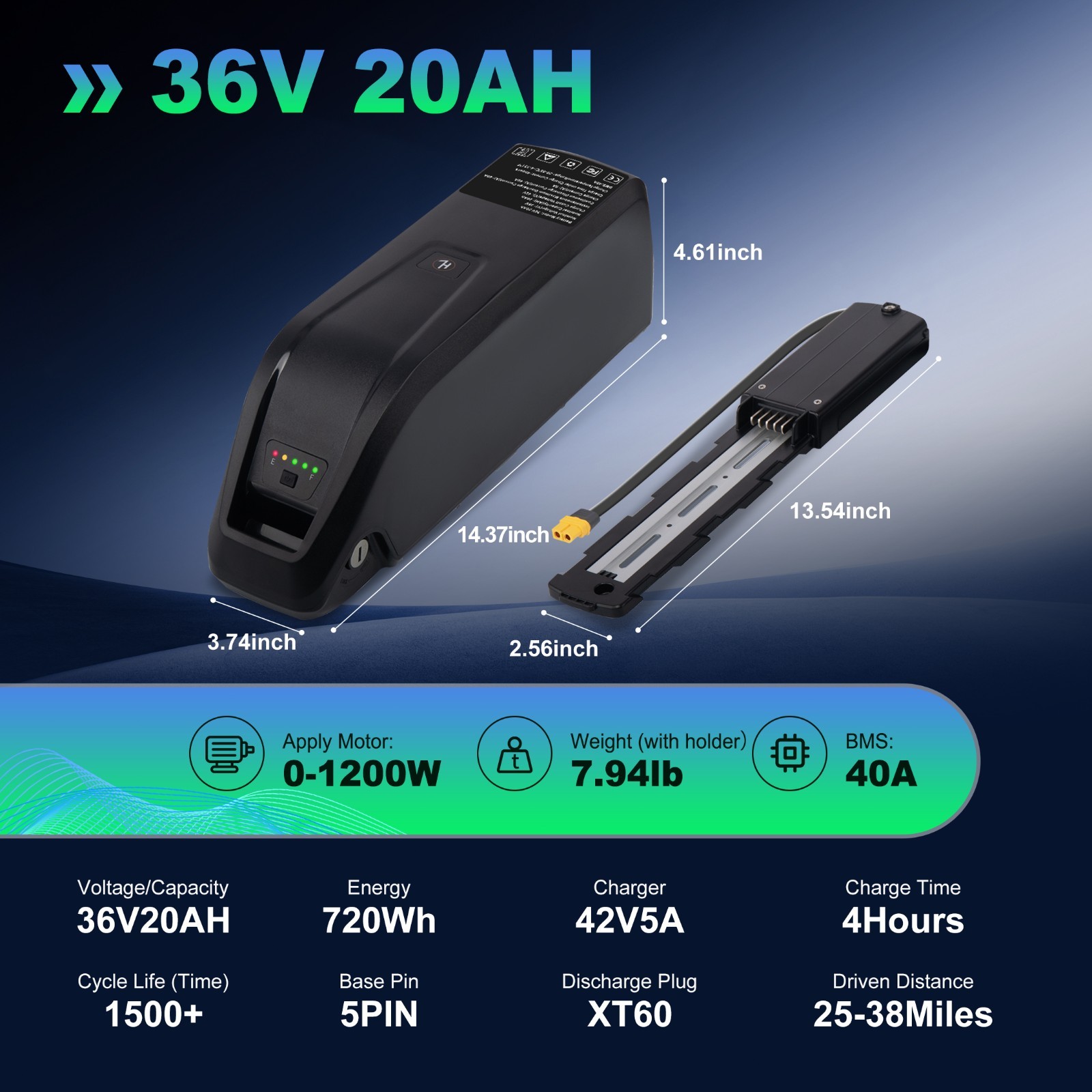 36V/48V/52V 20AH Ebike Lithium Battery For Electric Bicycle 0-1800W Motors USA