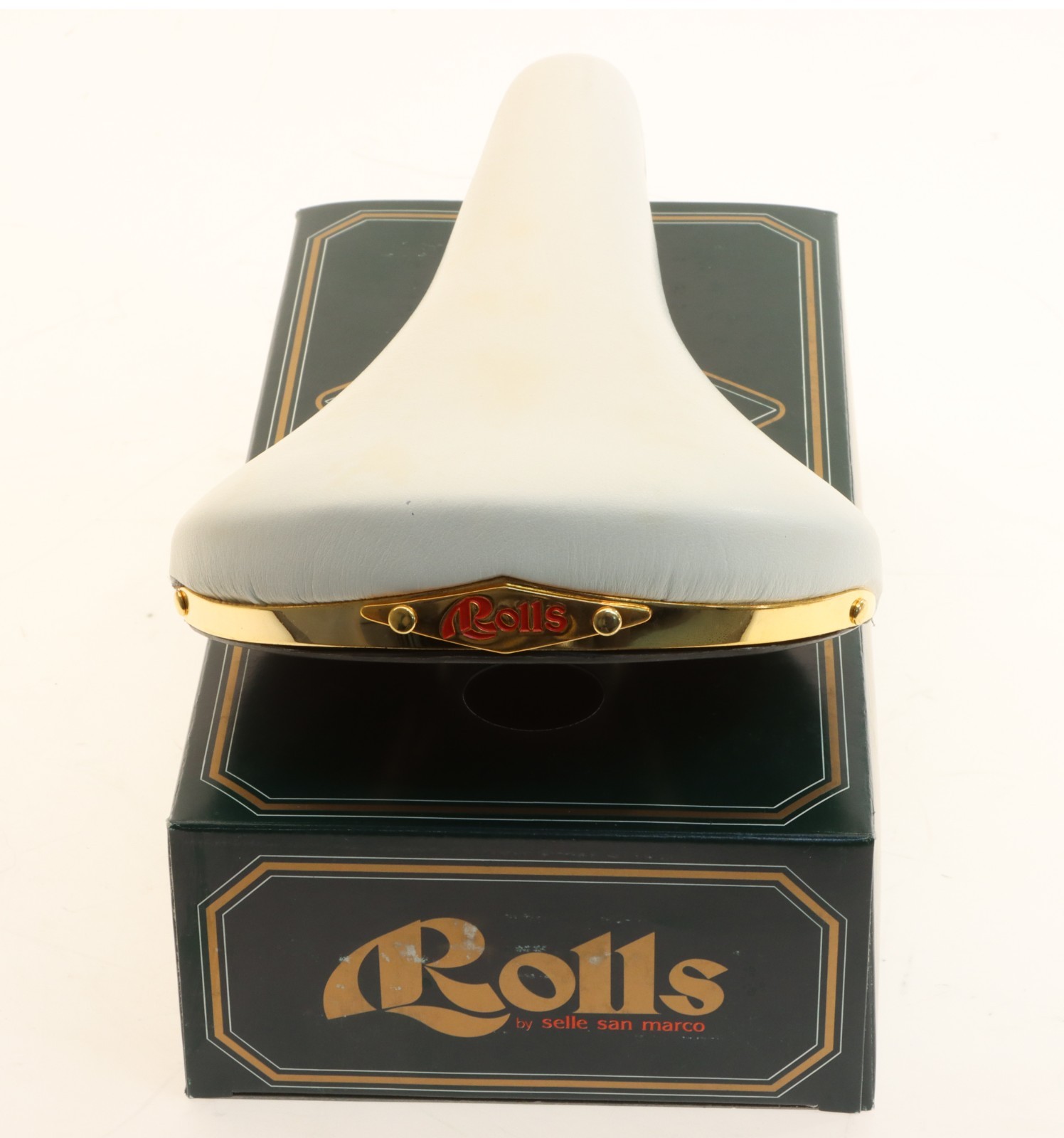 Sella San Marco Rolls White Leather Saddle Brass Steel NEW in Box NOS *Shelfwear