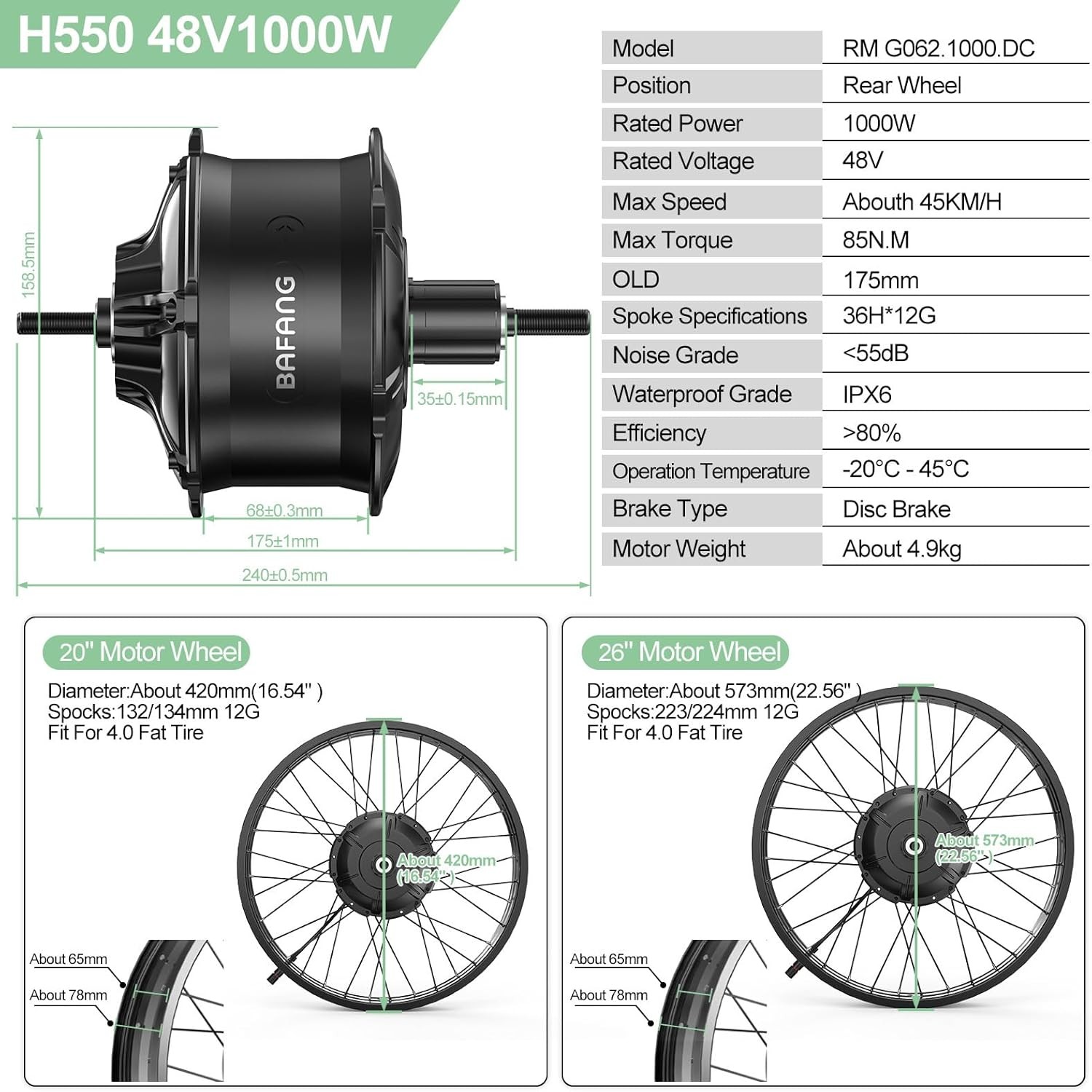 BAFANG 48V1000W172-180mm Rear Hub Motor Wheel Hub Motor Bicycle Conversion Kit