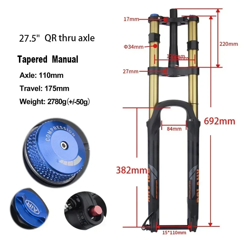 Downhill MTB Double Shoulder Inverted Air Suspension Fork 27.5/29er Travel 175mm