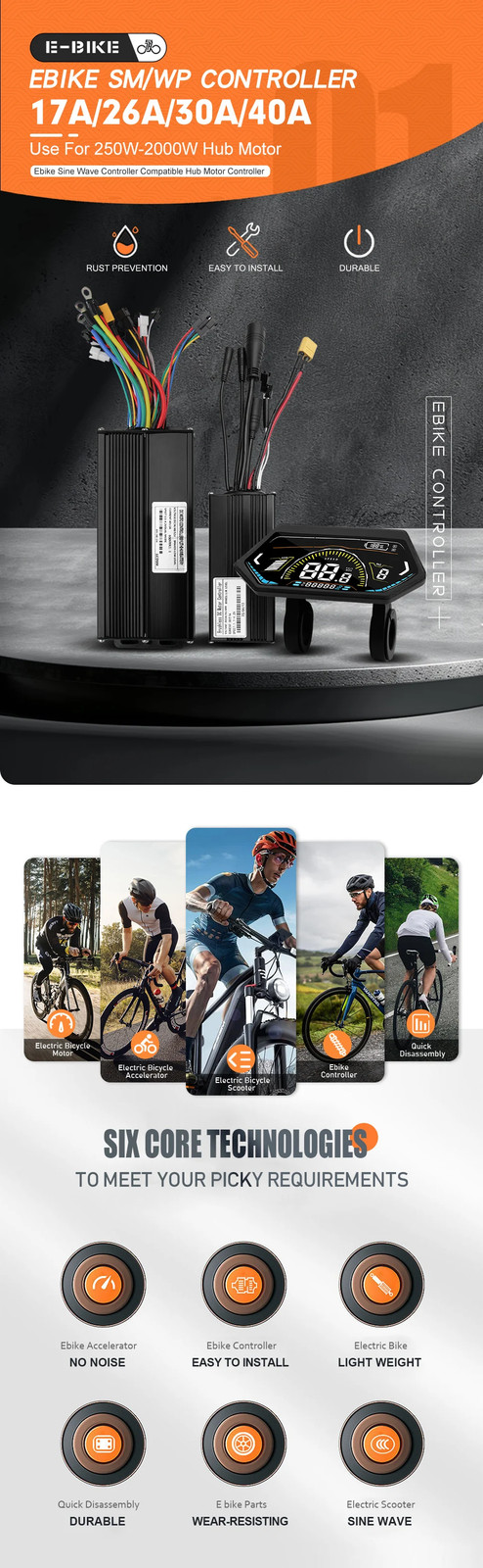 Electric Bike 3-Mode SineWave Controller 17A 26A 30A 40A with LCD UKC1 Display