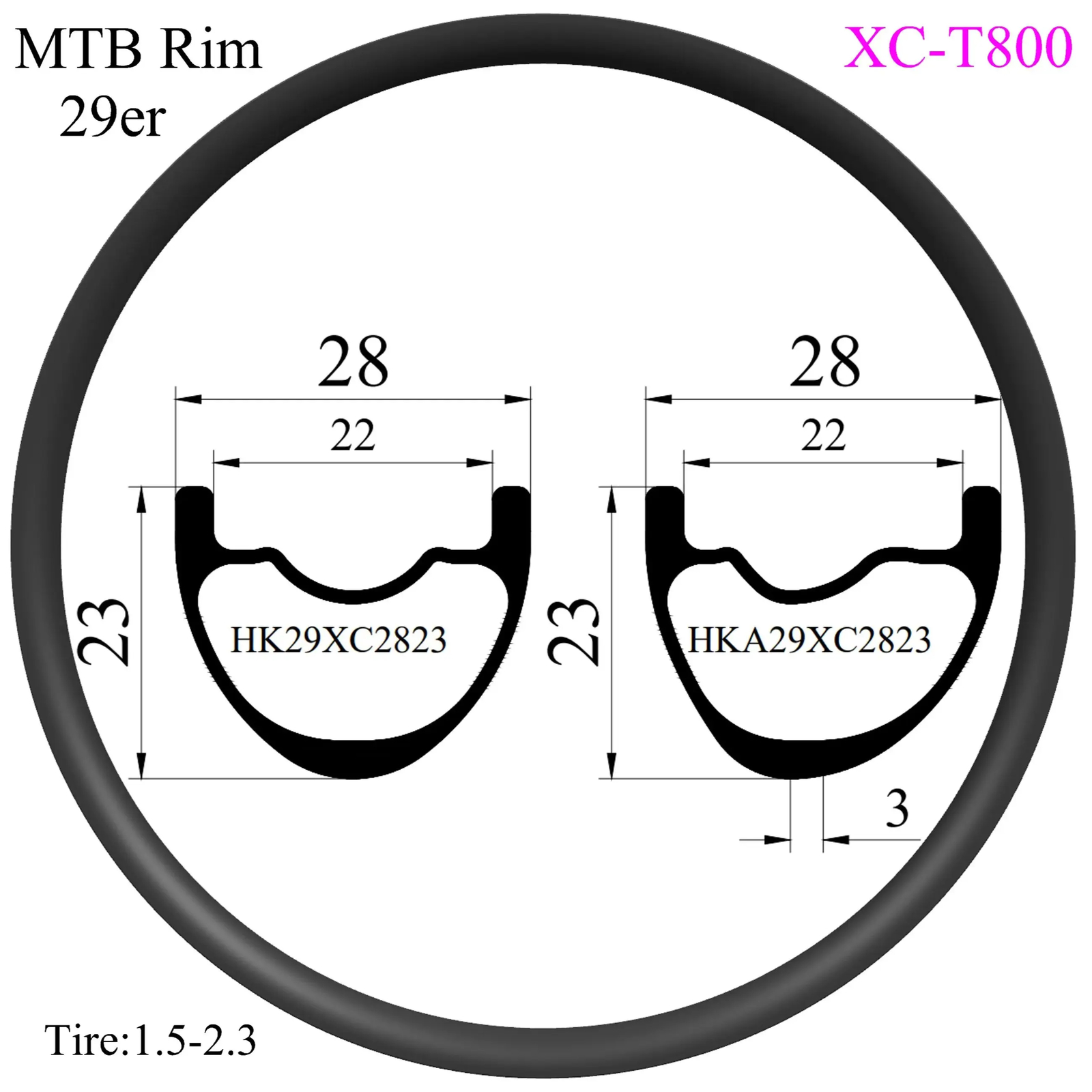 29er Superlight Carbon MTB Rims 28mm Width 23mm depth Hookless Tubeless UD 3K