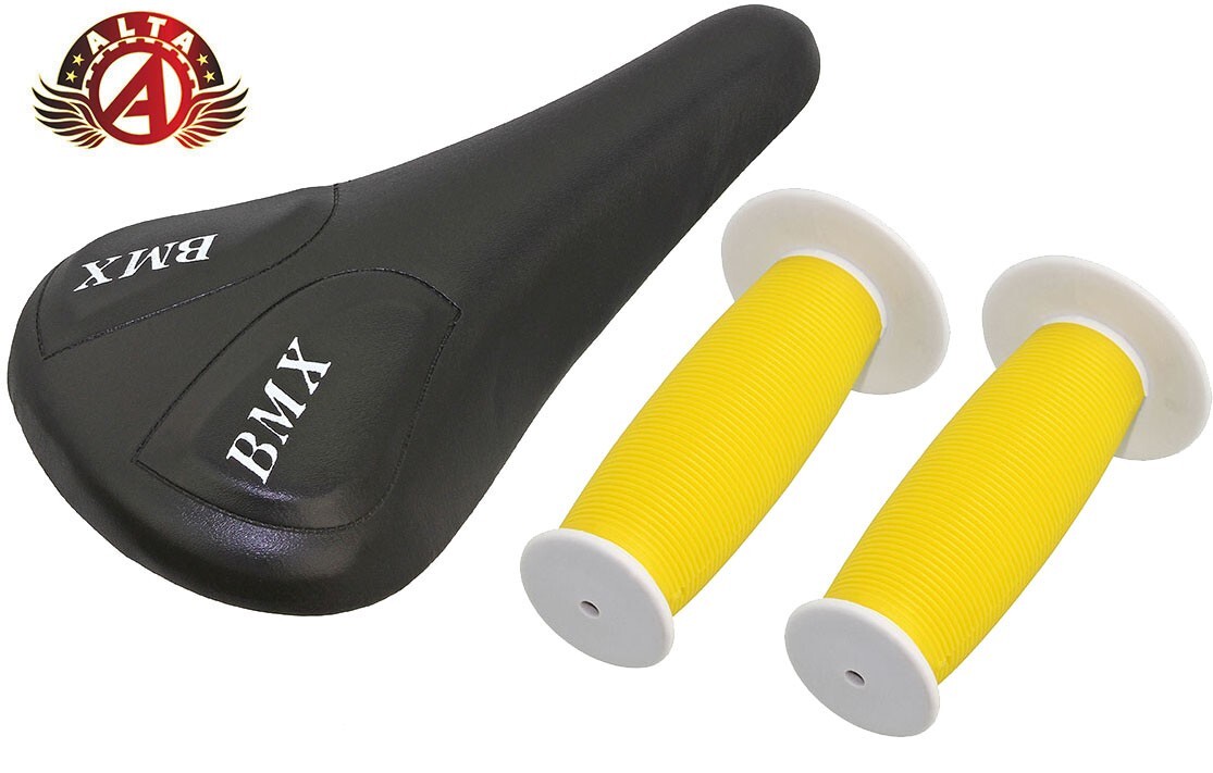 ALTA Black BMX Vinyl Saddle & Yellow/White Mushroom Grips BMX BIKES.
