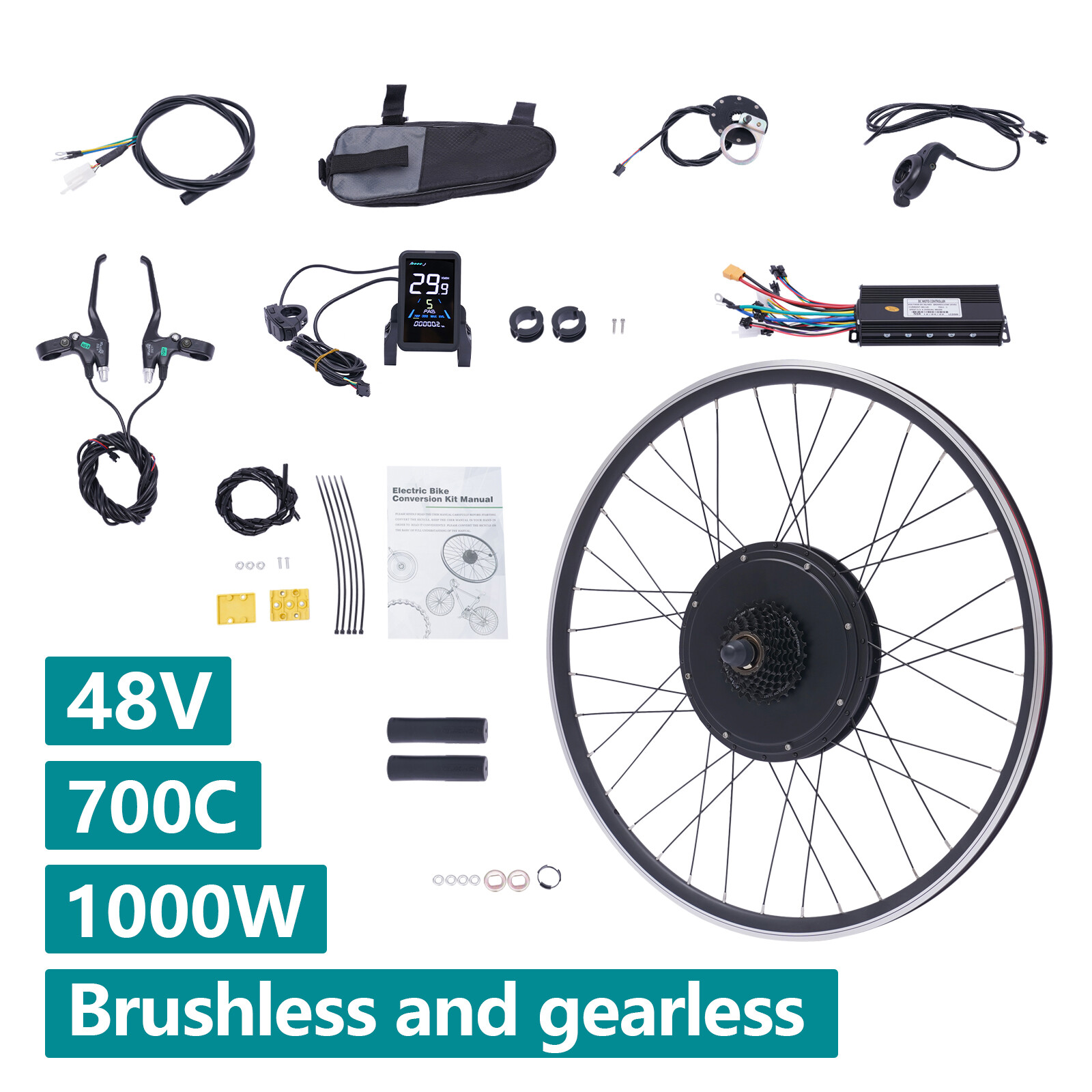 700C 48V 1000W Electric Bicycle Conversion Kit E-Bike Hub Motor Rear Wheel w/LCD