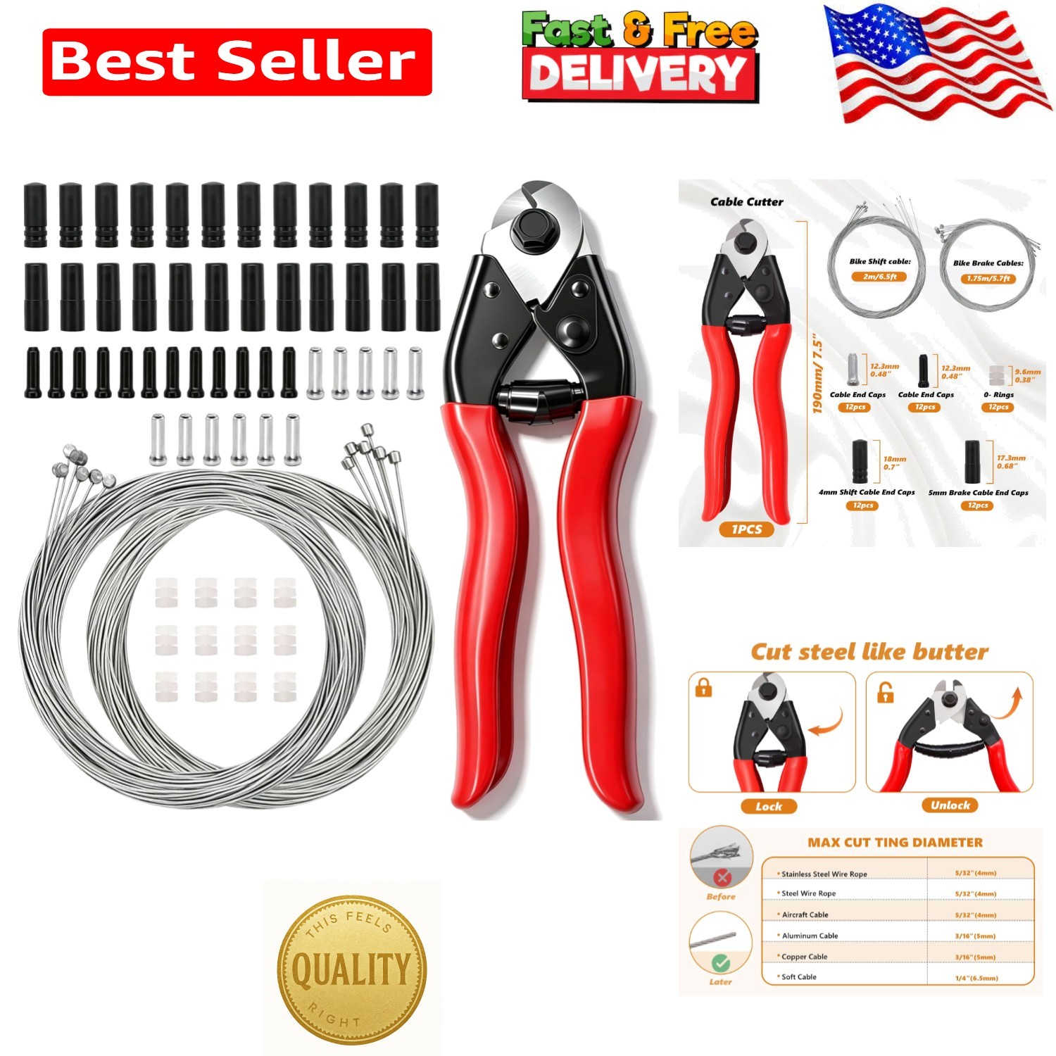 Universal 73PCS Bicycle Brake Cable Set with Lightweight Cutter & Durable Caps