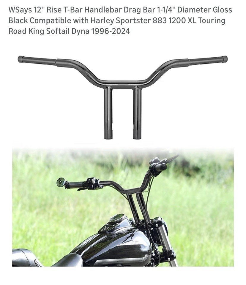 12» Rise T-Bar Handlebar Drag Bar 1-1/4» Diameter Compatible 12″ Gloss Black