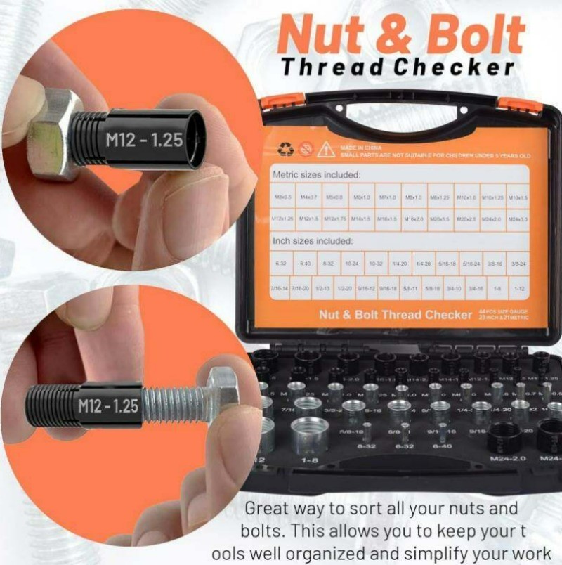Inch & Metric Sizes Bolt/Nut Identifier 44pcs Nut/ Bolt Thread Checker Gauge Box