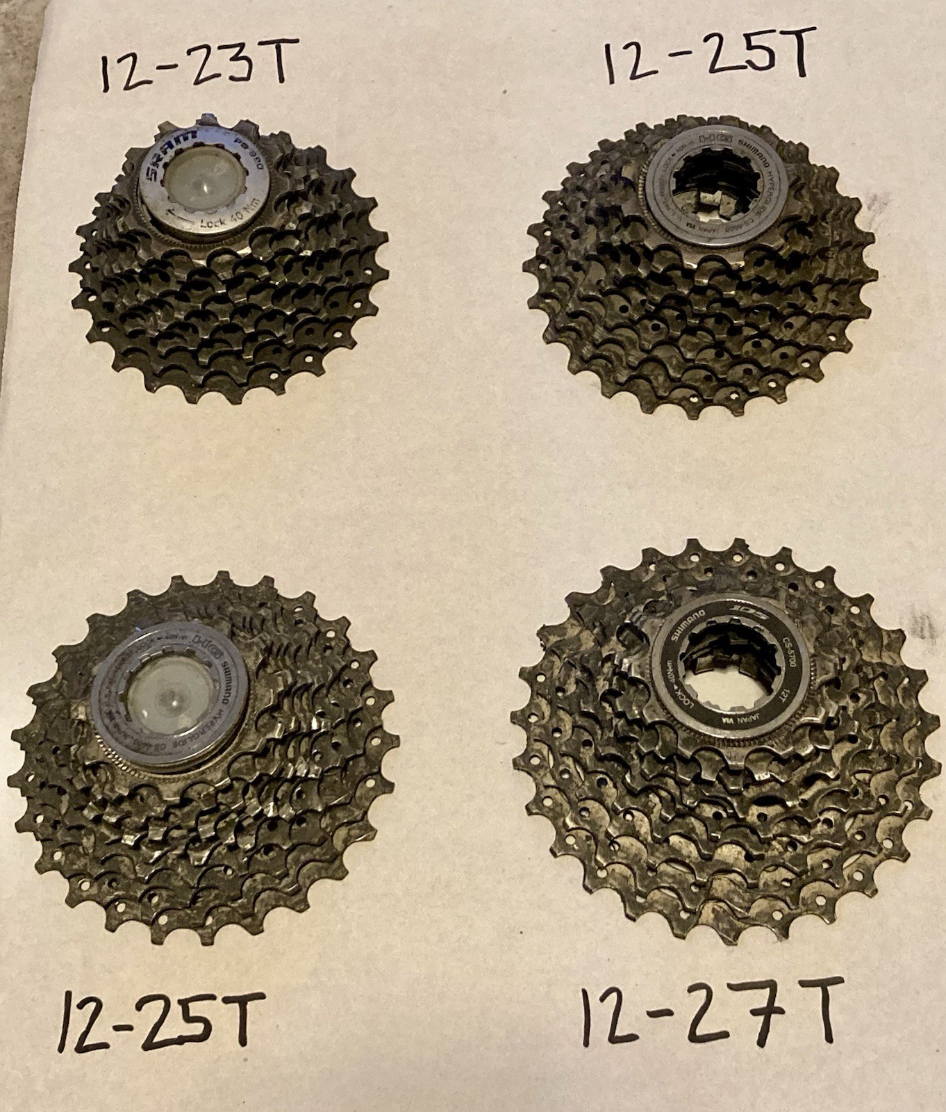 Lot of 4 Shimano 10-Speed Road Cassettes, CS-6600/CS-5700, 12-23, 12-25 & 12-27!