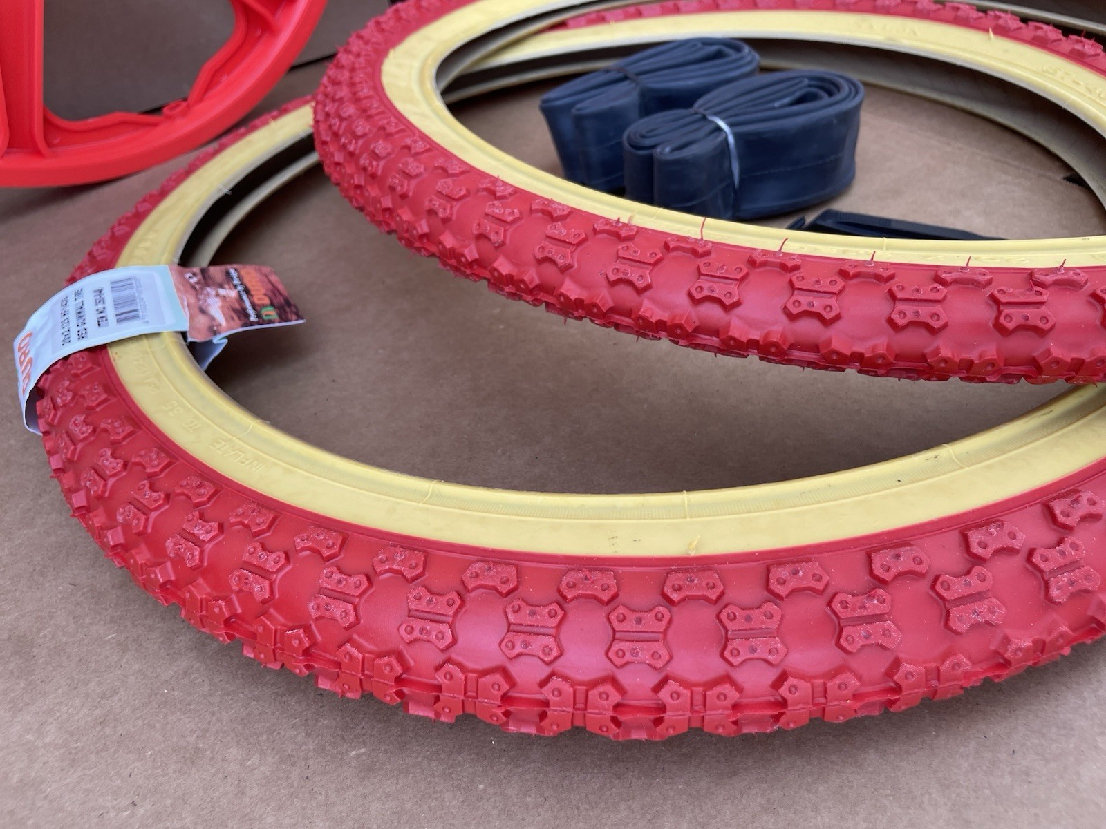 20″ Bicycle Plastic RED 6-spoke Mag Wheels and Red Gum Wall Tire Set GT Rims BMX