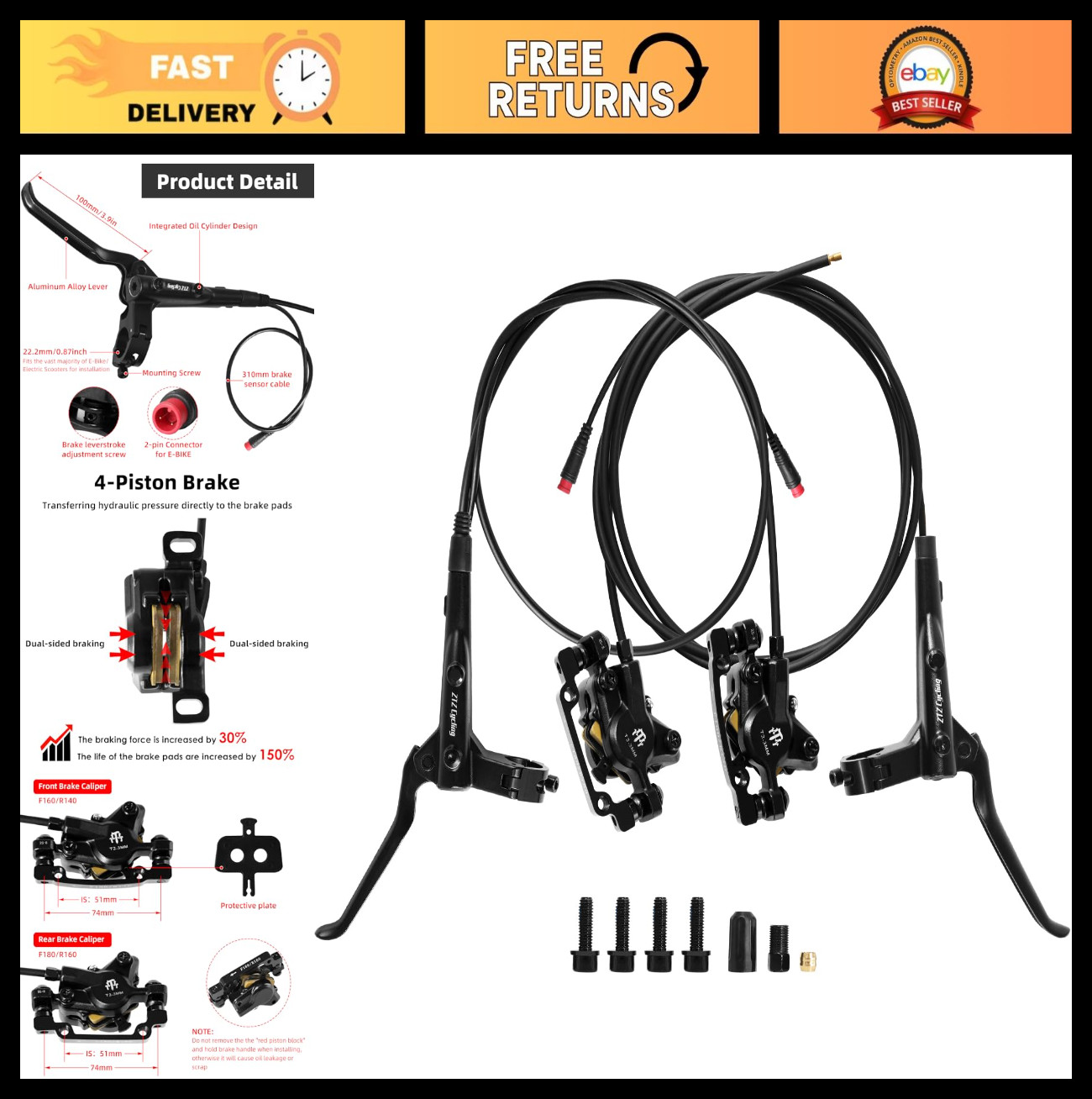 Hydraulic Disc Brake Set for E-Bike, 2-PIN 2-Piston, Pre-Bled, Mineral Oil, MTB