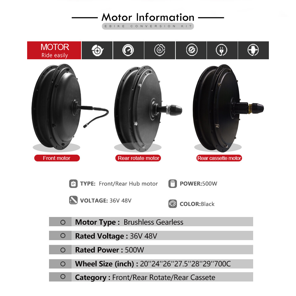 Electric Bike 36V 48V 500W Brushless DC Wheel Hub Motor Rotate Front Rear Motor