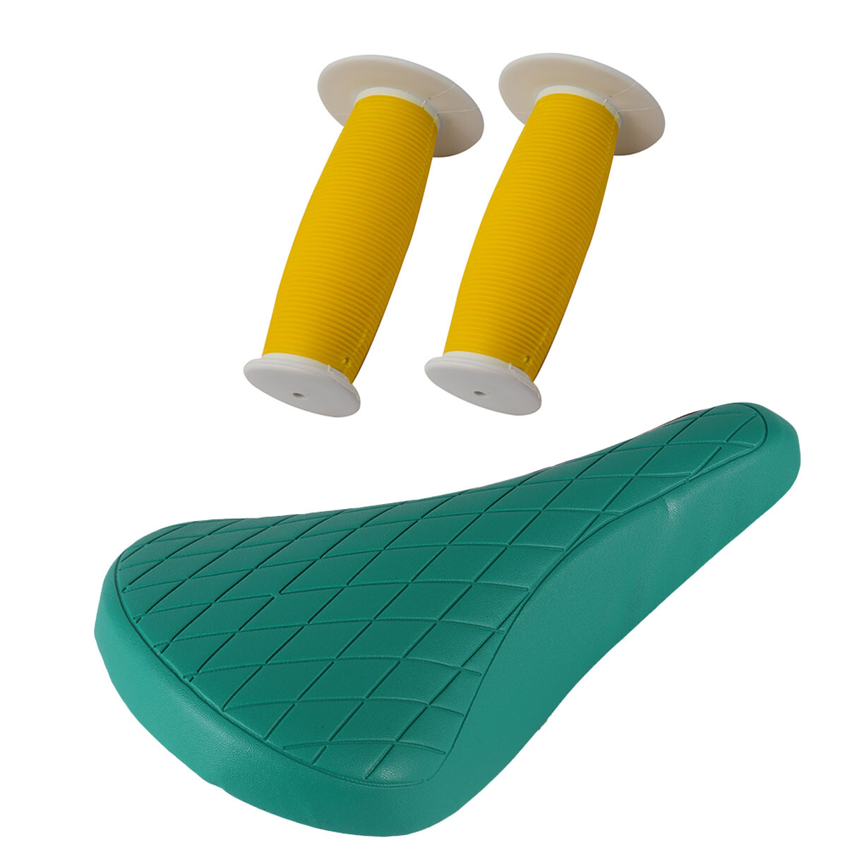 PRO+ Green Diamond Saddle & Yellow/White Mushroom Grips BMX BIKE